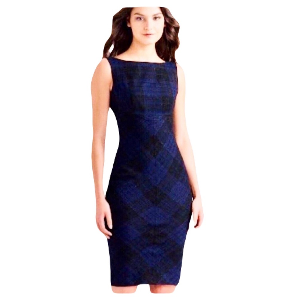Diane von Furstenberg ‘Dorothea’ Blue Metallic Plaid, Rear Bow Dress, Size 10
